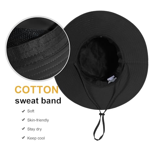 Bucket Sun Hat for Women Wide Brim Breathable Mesh UPF50+ Safari Hat Criss Cross Ponytail Hole Outdoor Rain Hat - color: Black