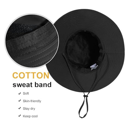 Bucket Sun Hat for Women Wide Brim Breathable Mesh UPF50+ Safari Hat Criss Cross Ponytail Hole Outdoor Rain Hat - color: Black