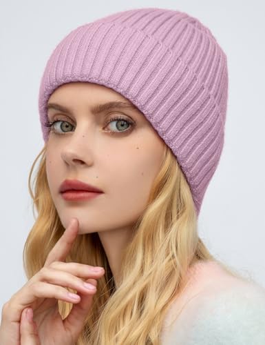 Satin Lined Wool Acrylic Blend Beanie Hat Women Men, Winter Knit Cap - color: Pinky Purple