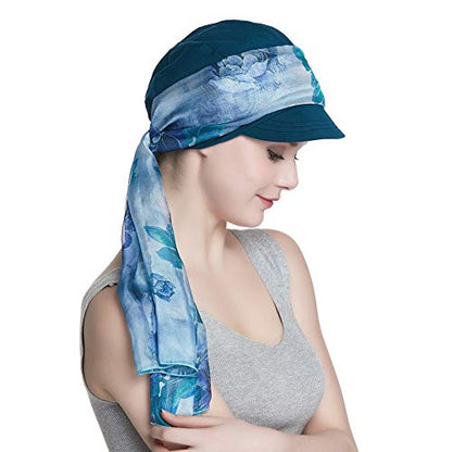 Alnorm Breathable Cotton Hat and Scarf Set Chemo Headwear for Women - color: Blue Floral