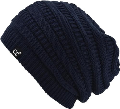 C.C Beanie Oversized Hat with Fuzzy Lining – Thick Knit Thermal Beanie for Cold Weather, Soft Warm Fleece Lined Cap - color: Navy Blue