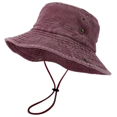 Unisex Cotton Boonie Hat Summer Fishing Bucket Hat Sun Hat with String - color: Retro Burgundy