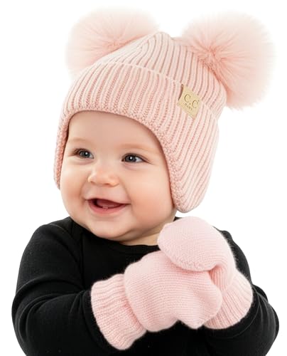 Funky Junque Baby Double Faux Fur Pom Pom Beanie & Mittens Set – Newborn Infant 0–9 Months Winter Hat with Soft Lined Mittens - color: Ear Flap Light Pink W/ Light Pink Mittens (0-9 Months)