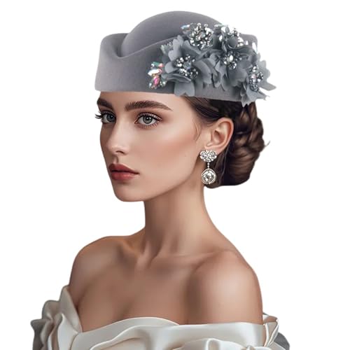 Women Vintage Church Hat Applique Felt Pillbox Hat Fascinator Tea Party Cap - color: Z1-gray
