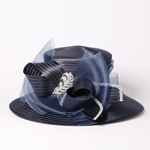 Women Derby Church Dress Fascinator Wide Brim Hats 1920s Vintage Tea Party Wedding Cloche Bowler Hats - color: Navy
