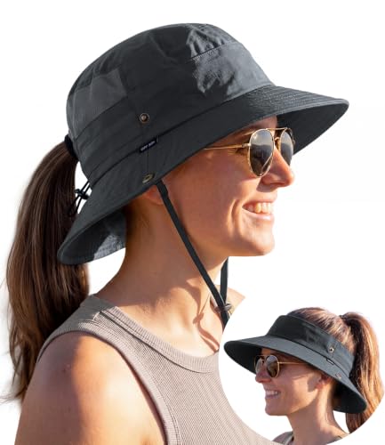 2-in-1 Womens Bucket Sun Hats, Sun Visor Hat, UPF 50+ Wide Brim, Ponytail-Friendly, Packable, Hiking Outdoor - color: Dark Grey