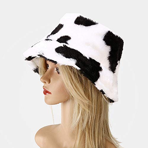 Winter Faux Fur Furry Bucket Hat Fluffy Fuzzy Warm Hat Plush Fisherman Hat for Women Men Teens Girls - color: Cow Print