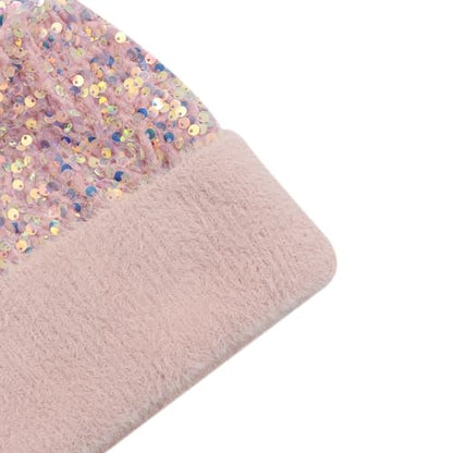 Women Sparkly Sequins Knitted Beanie Hat Warm Winter Skull Cap with Faux Fur Pom Pom - color: Light Pink
