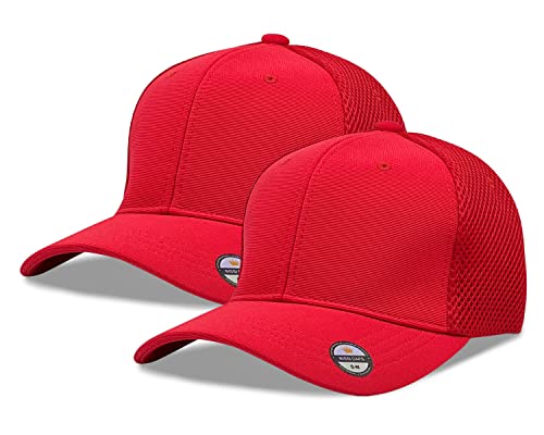 [2 Pack] Hybrid Stretch-Fitted Trucker Cap, Baseball Cap with Air Mesh - color: 2pk Red (Air Mesh), size: Small-Medium
