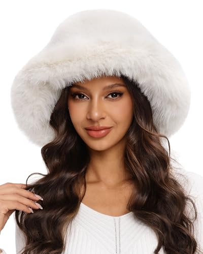 Women's Oversized Faux Fur Bucket Hat, Fluffy Plush Fuzzy Winter Warm Hat - color: Beige