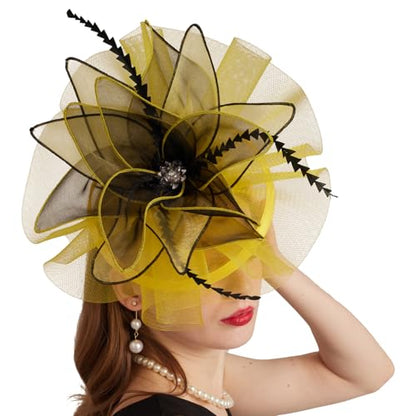 Women Organza Church Derby Hat Wide Brim Sun Caps for Wedding Tea Party Hat with Detachable hat Flower as Headgear - color: 10-yellow