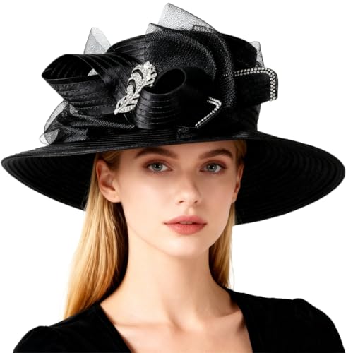 Wedding Bridal Church Party Derby Hats for Women Bow Formal Bowler Hat Wide Brim Fascinator Flat Top Fedora Hats - color: Black
