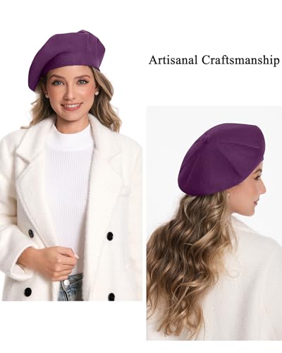 Women's Knitted Beret, French Style Double Layer Winter Autumn Warm and Soft Beanie Hat Cap - color: Purple