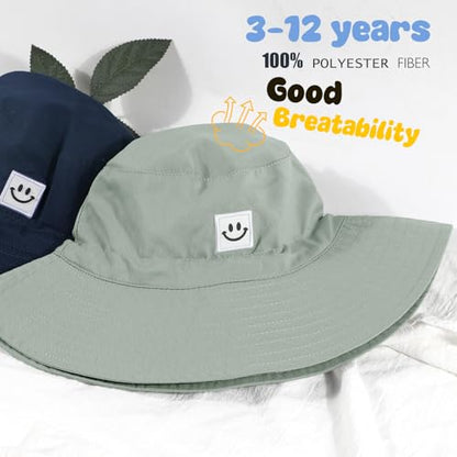 Kids Sun Hat Smile Face Bucket Hat Toddler Hat Wide Brim Adjustable Strap - color: Pea Green, size: 3-8T