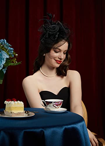 Kentucky Derby Fascinators for Women High Tea Party Hat Wedding Cocktail Flower Headware with Mesh and Feathers - color: A-black
