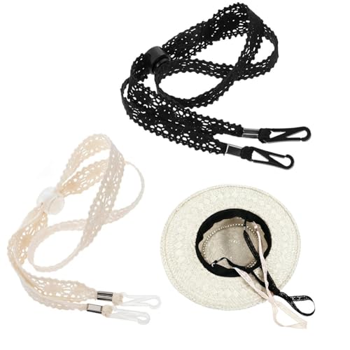 2PCS Adjustable Hat Strap Clips, Windproof Adjustable Wide Lace Chin Cord, Sun Hats Chin Strap Replacement for Sun Hats, Fisherman Hats, Boonie Hats, Wide Brim Fishing Hats Beige, Black