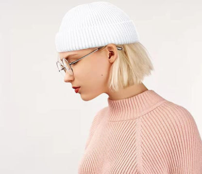 ROYBENS Swag Wool Knit Cuff Short Fisherman Beanie for Men Women Winter Hat - color: 1pcs-white