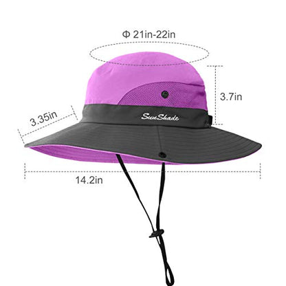 2 Pieces 5-14Y Kids Summer Sun Hat Wide Brim UV Protection for Girls Ponytail Beach Bucket Cap - color: Purple＆sky Blue