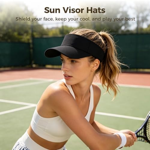 15 Pcs Black Sun Visor Hats Bulk - Unisex Adjustable Open Top Sports Sun Protection Caps for Tennis Running Beach & Outdoor