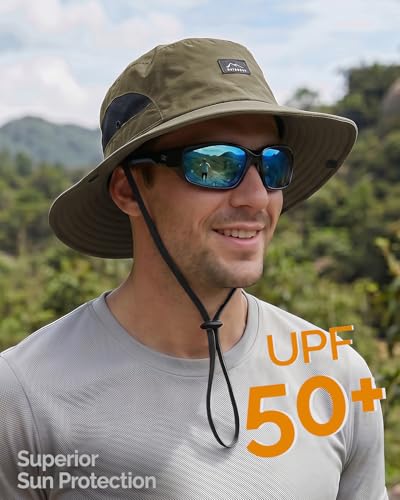 Hat Hut Hiking Hat, UPF50+ Wide Brim Sun Bucket Hats for Men Women, UV Protection, Fishing Outdoor Safari - color: Olive Green
