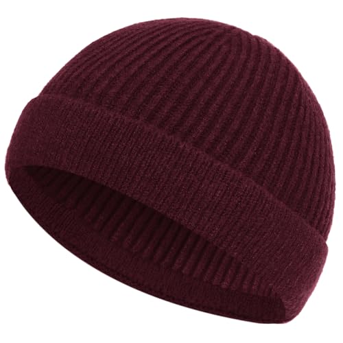 ROYBENS Short Fisherman Beanie for Men Women Wool Knit Warm Winter Hat Swag - color: 1pcs-wine Red