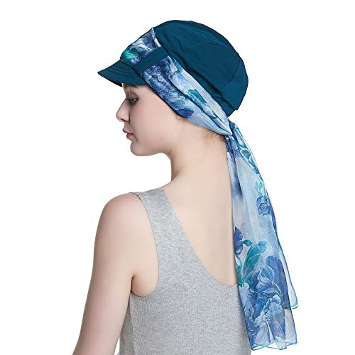 Alnorm Breathable Cotton Hat and Scarf Set Chemo Headwear for Women - color: Blue Floral