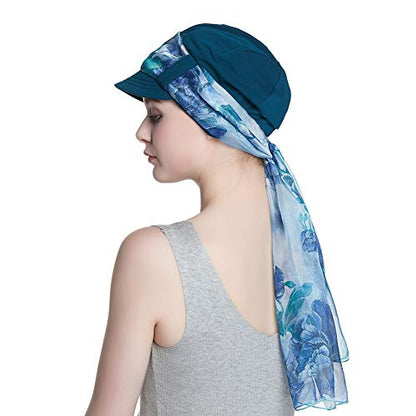 Alnorm Breathable Cotton Hat and Scarf Set Chemo Headwear for Women - color: Blue Floral