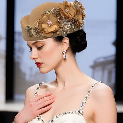 ORIDOOR Women's American and British Felt hat Church Derby Wedding Tea Party Crystal Flower Decoration Beret hat - color: 01-khaki
