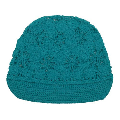ZLYC Women Summer Slouchy Crochet Hat Handmade Cutout Skull Cap with Visor - color: Plain Peacock Blue, size: One Size