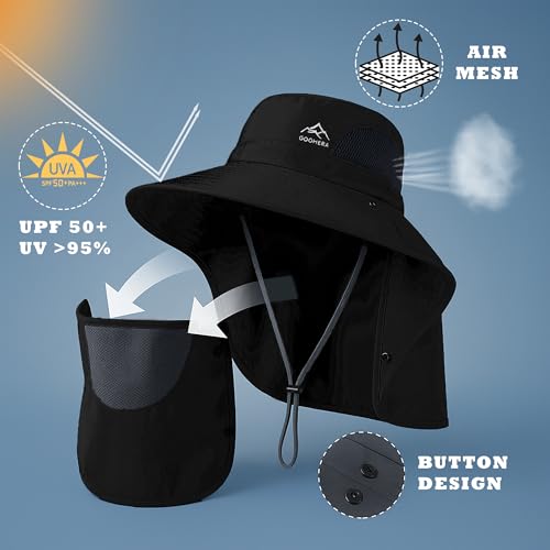 Sun Hat for Men & Women, Breathable Wide Brim Outdoor Fishing Hat with Face Cover & Neck Flap - color: Black