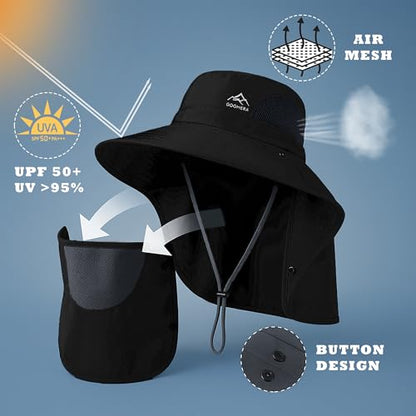 Sun Hat for Men & Women, Breathable Wide Brim Outdoor Fishing Hat with Face Cover & Neck Flap - color: Black