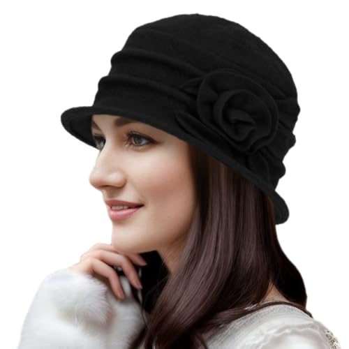 Winter Cloche 100% Wool Bucket Hat for Women Elegant Dress 1920s Vintage Fedora Hats Church Derby Party Fashion - color: 1black
