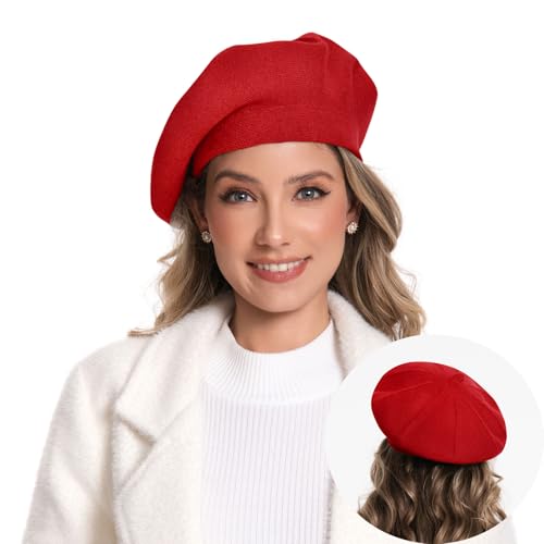 Women's Knitted Beret, French Style Double Layer Winter Autumn Warm and Soft Beanie Hat Cap - color: Red