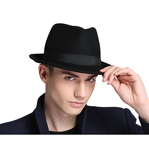 Men Warm Fedoras Felt Trilby Hat Vintage Panama with Short Brim Winter Bowler Outdoor British Jazz Costume Headwear - color: Black
