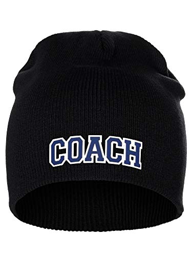 I&W Sports Team Coach Arch Letters Winter Knit Cuffless Beanie 3D Raised Layers - color: Black Beanie White Navy