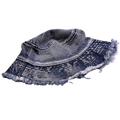 Cotton Denim Distressed Bucket Hat, Sun Hat, Hat for Men and Women - color: Bluc