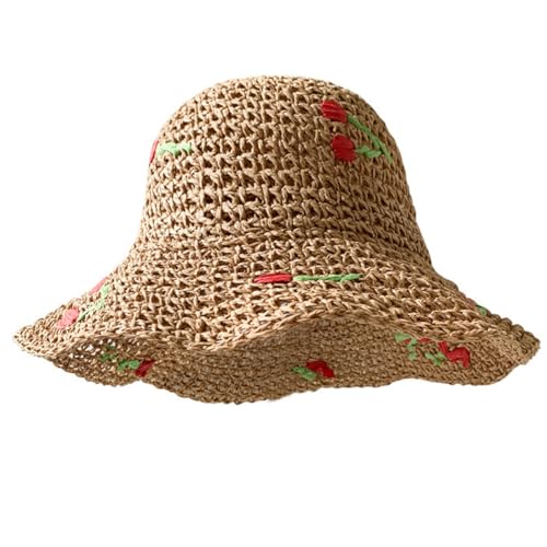 Women Floppy Straw Sun Hat Wide Brim Floral Beach Hat Packable Roll up Bucket Cap UPF 50+ - color: Cherry Khaki