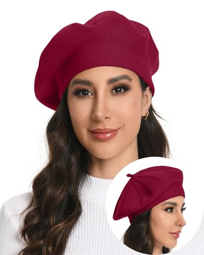 Women's Knitted Beret, French Style Double Layer Winter Autumn Warm and Soft Beanie Hat Cap - color: Z-dark Red