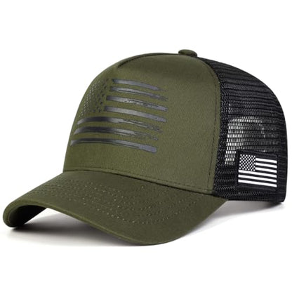 American Flag Trucker Hat, Breathable Mesh Snapback Baseball Cap for Men Women - color: Army Green