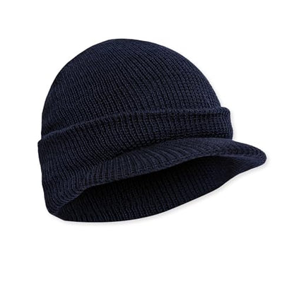 M MCGUIRE GEAR Genuine G.I. Winter Beanie Cap with Visor, 100% Wool Fitted Cap, Made in USA - color: Navy