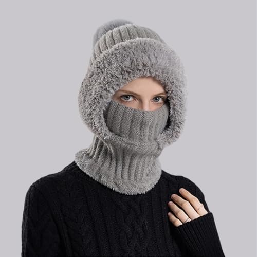 Women’s Knitted Beanie Hat with Face Cover - 3 in 1 Winter Balaclava with Mask Scarf Ear Muffs Pompom Fleece Lined Snow Caps - color: Grey-a