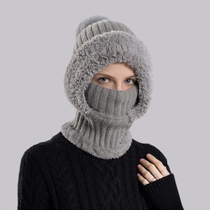 Women’s Knitted Beanie Hat with Face Cover - 3 in 1 Winter Balaclava with Mask Scarf Ear Muffs Pompom Fleece Lined Snow Caps - color: Grey-a
