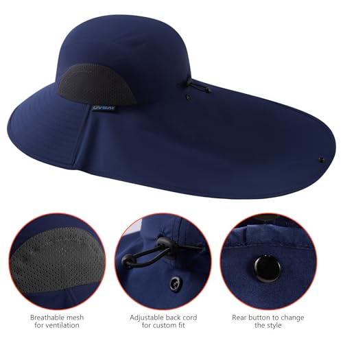 UPF 50+ Foldable Sun Hats Wide Brim with Large Neck Flap for Men Women UV Protection Gardening Fishing Beach Hat - color: Pack of 2, Navy Blue & Green