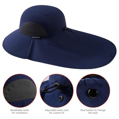 UPF 50+ Foldable Sun Hats Wide Brim with Large Neck Flap for Men Women UV Protection Gardening Fishing Beach Hat - color: Pack of 2, Navy Blue & Green