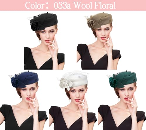Z&X British Vintage Wool Felt Pillbox Hat Ladies Church Derby Winter Fascinator Hat Veil Flower Fedoras - color: 033a Navy Blue Wool Floral