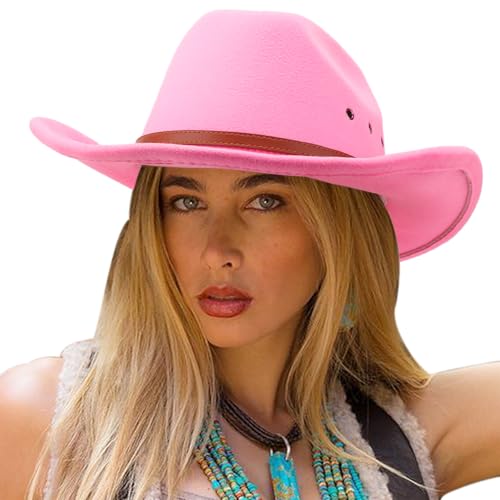 DRESHOW Cowboy Hat for Women and Men Western Felt Cowboy Cowgirl Hat Wide Brim Belt Buckle Retro Fedora Hats Unisex Caps - color: 1 Pack Style 5: Pink, size: Large