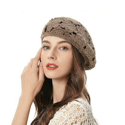 ZLYC Women Cotton Slouchy Crochet Beret Handmade Cutout Floral Beanie Hat - color: Floral Camel