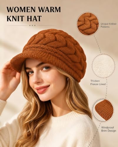 YSense 2 Pack Womens Winter Hats Warm Knit Beanie with Visor - color: Black Dark Orange