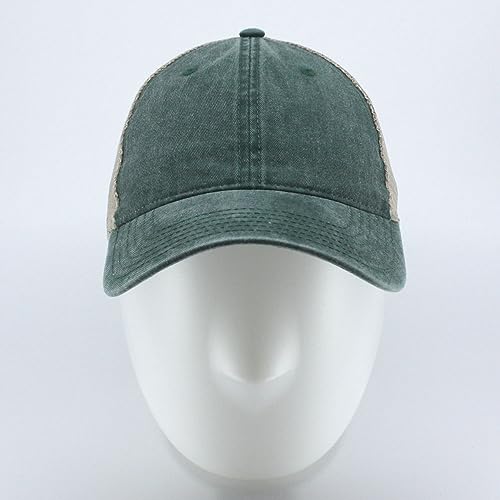 Vintage Washed Cotton Soft Mesh Adjustable Baseball Cap - color: Dk Green/Dk Green/Khaki