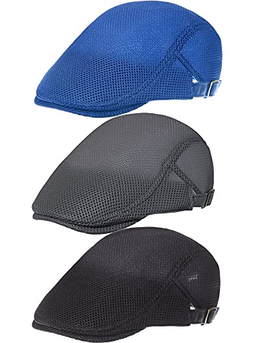 Geyoga 3 Pcs Mesh Newsboy Cap, Adjustable Mesh Cap - color: Black, Deep Gray, Royal Blue